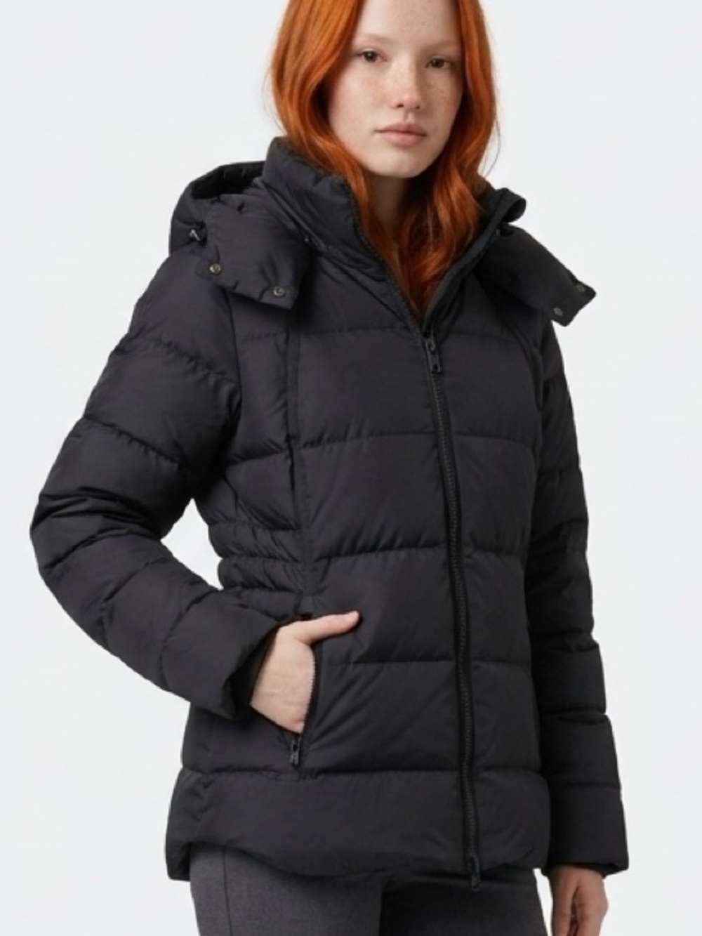 Athleta Downtown Jacket Women’s Large Black Down Puffer Hooded Winter Coat EUC